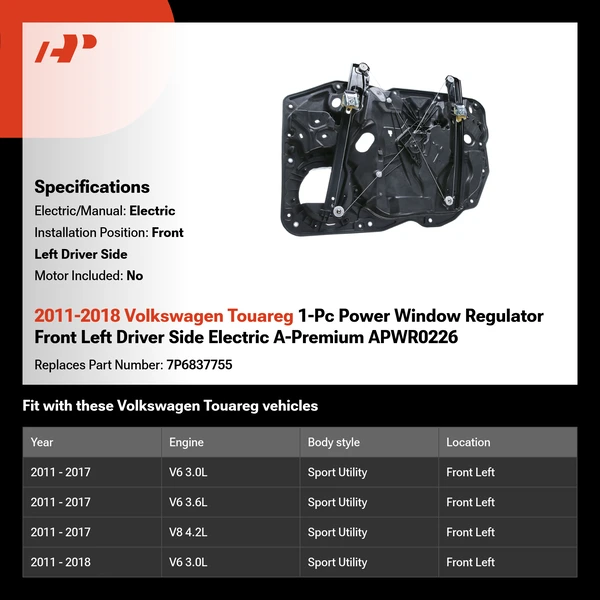 2011-2018 Volkswagen Touareg 1-Pc Power Window Regulator Front Left Driver Side Electric A-Premium APWR0226