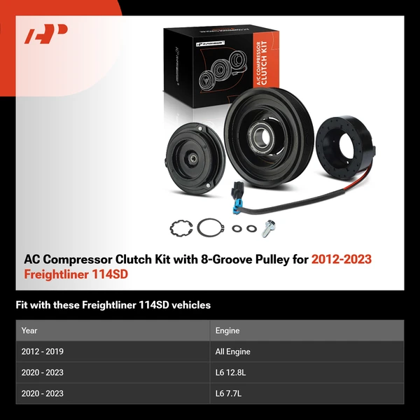 AC Compressor Clutch Kit with 8-Groove Pulley for 2012-2023 Freightliner 114SD