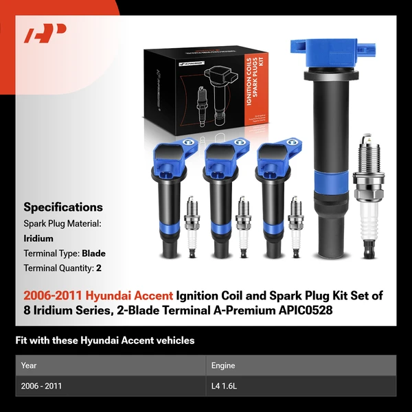 2006-2011 Hyundai Accent Ignition Coil and Spark Plug Kit Set of 8 Iridium Series, 2-Blade Terminal A-Premium APIC0528