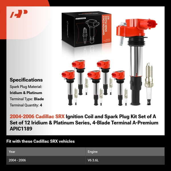 2004-2006 Cadillac SRX Ignition Coil and Spark Plug Kit Set of A Set of 12 Iridium & Platinum Series, 4-Blade Terminal A-Premium APIC1189