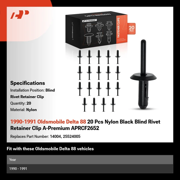 1990-1991 Oldsmobile Delta 88 20 Pcs Nylon Black Blind Rivet Retainer Clip A-Premium APRCF2652