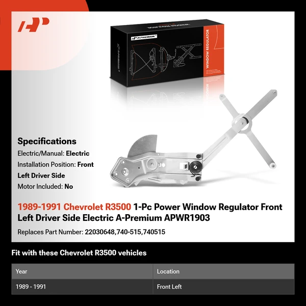 1989-1991 Chevrolet R3500 1-Pc Power Window Regulator Front Left Driver Side Electric A-Premium APWR1903