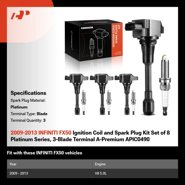 2009-2013 INFINITI FX50 Ignition Coil and Spark Plug Kit Set of 8 Platinum Series, 3-Blade Terminal A-Premium APIC0490