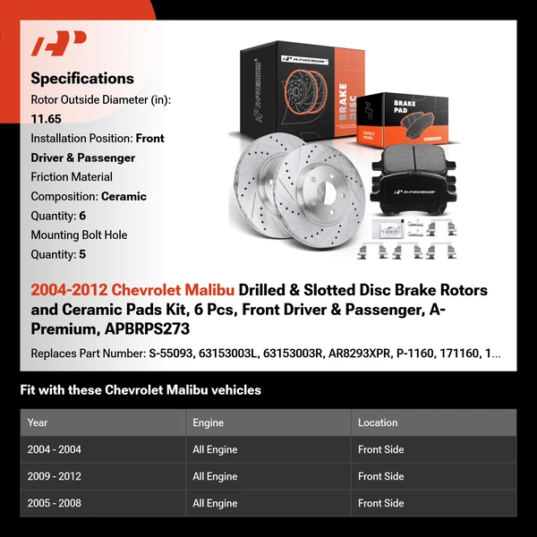 2004-2012 Chevrolet Malibu Drilled & Slotted Disc Brake Rotors and Ceramic Pads Kit, 6 Pcs, Front Driver & Passenger, A-Premium, APBRPS273