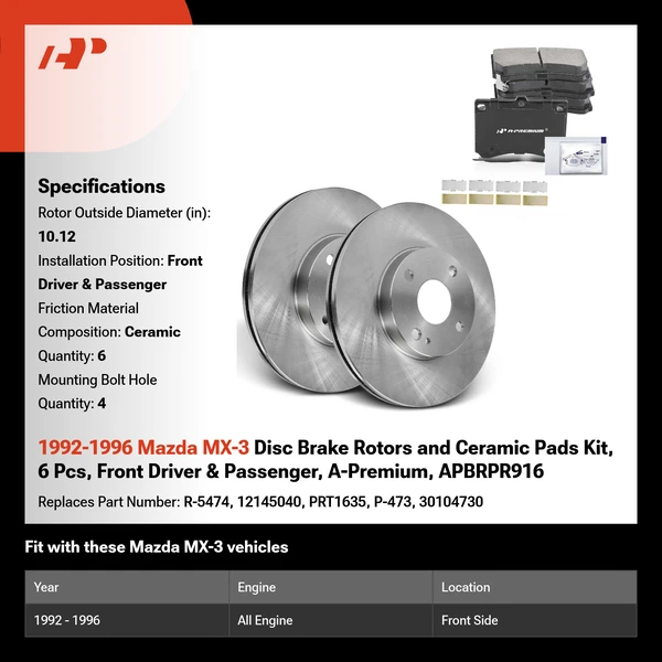 1992-1996 Mazda MX-3 Disc Brake Rotors and Ceramic Pads Kit, 6 Pcs, Front Driver & Passenger, A-Premium, APBRPR916
