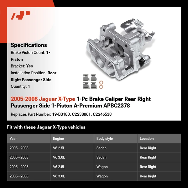 2005-2008 Jaguar X-Type 1-Pc Brake Caliper Rear Right Passenger Side 1-Piston A-Premium APBC2378