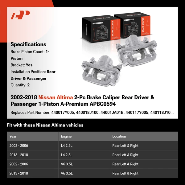 2002-2018 Nissan Altima 2-Pc Brake Caliper Rear Driver & Passenger 1-Piston A-Premium APBC0594