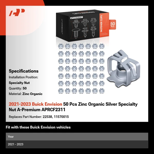 2021-2023 Buick Envision 50 Pcs Zinc Organic Silver Specialty Nut A-Premium APRCF2311