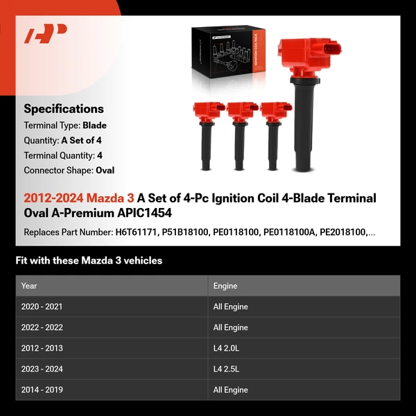 2012-2024 Mazda 3 A Set of 4-Pc Ignition Coil 4-Blade Terminal Oval A-Premium APIC1454