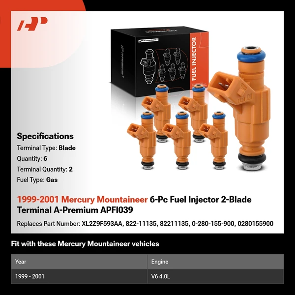1999-2001 Mercury Mountaineer 6-Pc Fuel Injector 2-Blade Terminal A-Premium APFI039