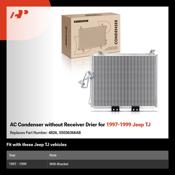 AC Condenser without Receiver Drier for 1997-1999 Jeep TJ