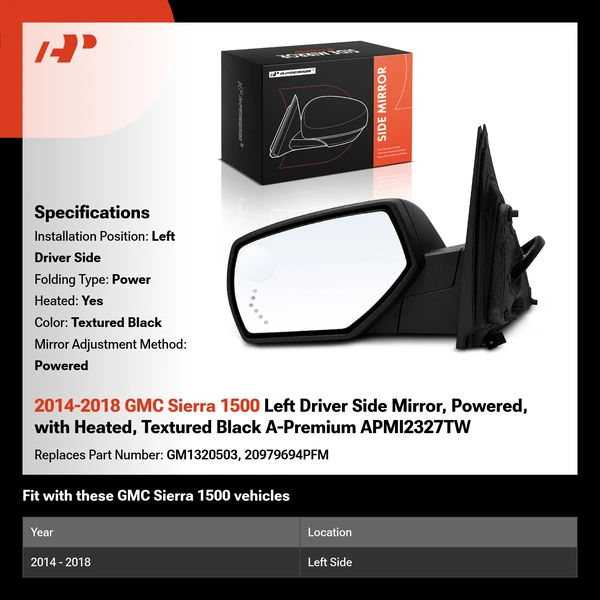 2014-2018 GMC Sierra 1500 Left Driver Side Mirror, Powered, with Heated, Textured Black A-Premium APMI2327TW