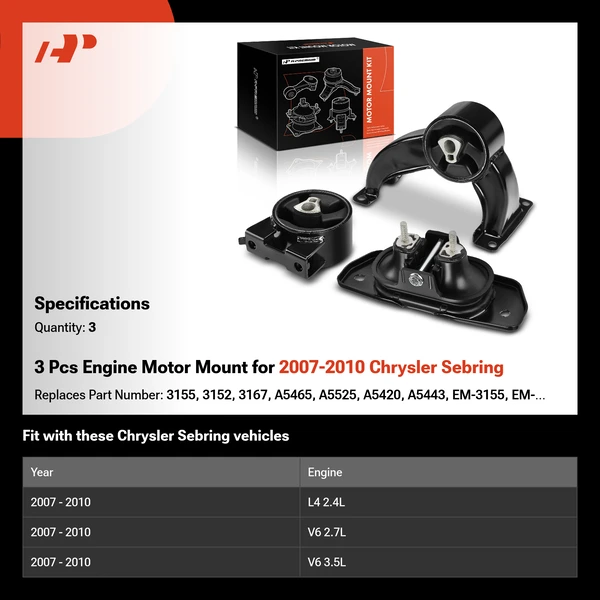 3 Pcs Engine Motor Mount for 2007-2010 Chrysler Sebring