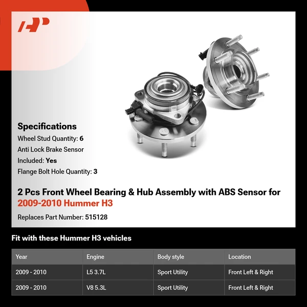 2 Pcs Front Wheel Bearing & Hub Assembly with ABS Sensor for 2009-2010 Hummer H3