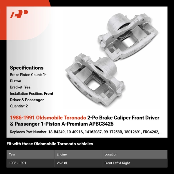 1986-1991 Oldsmobile Toronado 2-Pc Brake Caliper Front Driver & Passenger 1-Piston A-Premium APBC3425