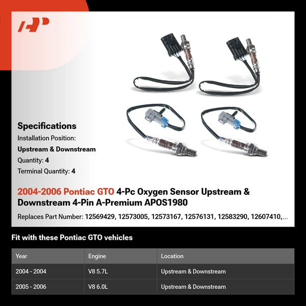 2004-2006 Pontiac GTO 4-Pc Oxygen Sensor Upstream & Downstream 4-Pin A-Premium APOS1980