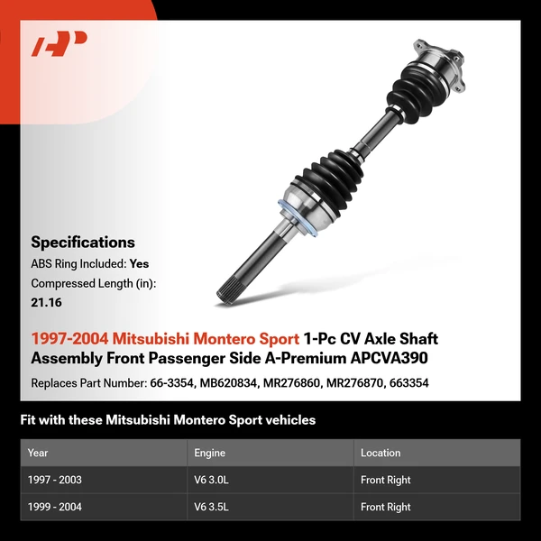 1997-2004 Mitsubishi Montero Sport 1-Pc CV Axle Shaft Assembly Front Passenger Side A-Premium APCVA390