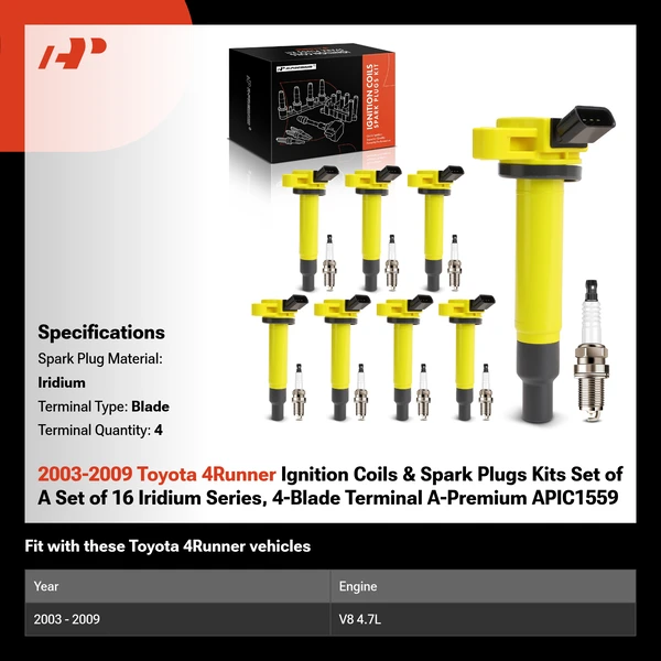2003-2009 Toyota 4Runner Ignition Coils & Spark Plugs Kits Set of A Set of 16 Iridium Series, 4-Blade Terminal A-Premium APIC1559