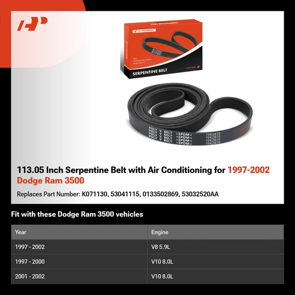 113.05 Inch Serpentine Belt with Air Conditioning for 1997-2002 Dodge Ram 3500