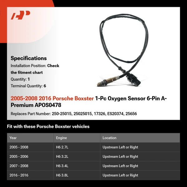 2005-2008 2016 Porsche Boxster 1-Pc Oxygen Sensor 6-Pin A-Premium APOS0478