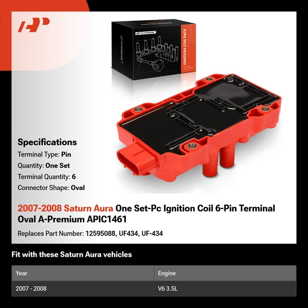 2007-2008 Saturn Aura One Set-Pc Ignition Coil 6-Pin Terminal Oval A-Premium APIC1461