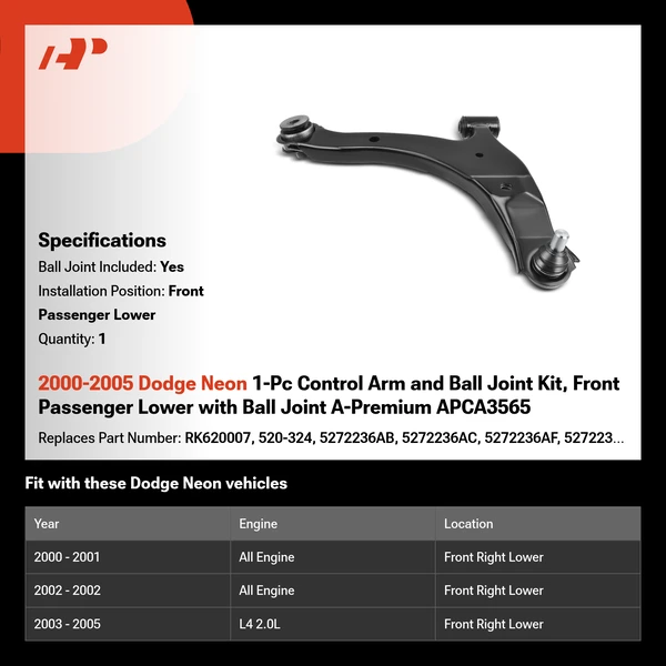 2000-2005 Dodge Neon 1-Pc Control Arm and Ball Joint Kit, Front Passenger Lower with Ball Joint A-Premium APCA3565