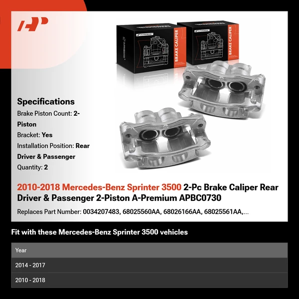 2010-2018 Mercedes-Benz Sprinter 3500 2-Pc Brake Caliper Rear Driver & Passenger 2-Piston A-Premium APBC0730