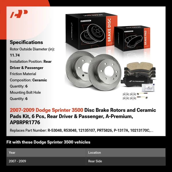 2007-2009 Dodge Sprinter 3500 Disc Brake Rotors and Ceramic Pads Kit, 6 Pcs, Rear Driver & Passenger, A-Premium, APBRPR1776