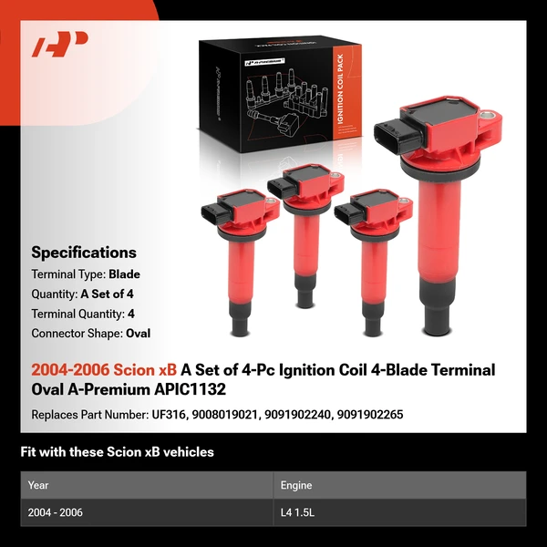 2004-2006 Scion xB A Set of 4-Pc Ignition Coil 4-Blade Terminal Oval A-Premium APIC1132