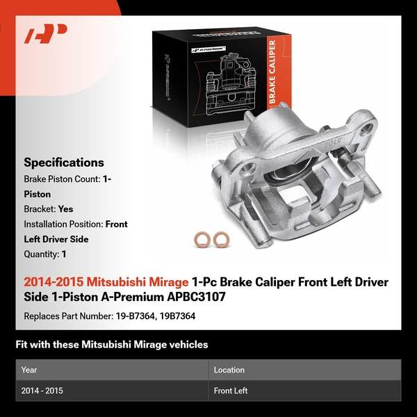 2014-2015 Mitsubishi Mirage 1-Pc Brake Caliper Front Left Driver Side 1-Piston A-Premium APBC3107