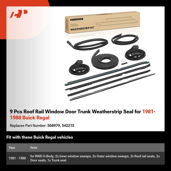 9 Pcs Roof Rail Window Door Trunk Weatherstrip Seal for 1981-1988 Buick Regal