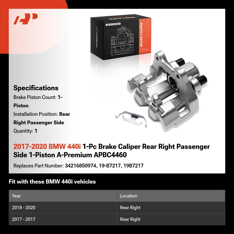 2017-2020 BMW 440i 1-Pc Brake Caliper Rear Right Passenger Side 1-Piston A-Premium APBC4460