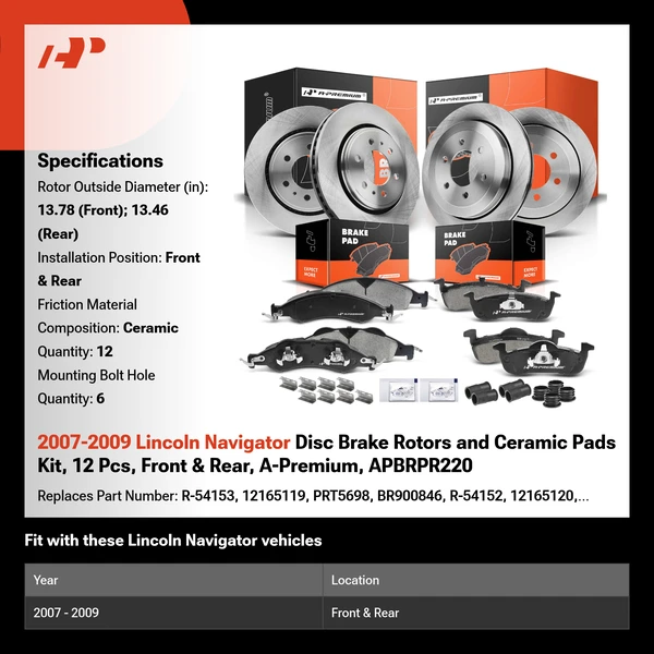 2007-2009 Lincoln Navigator Disc Brake Rotors and Ceramic Pads Kit, 12 Pcs, Front & Rear, A-Premium, APBRPR220