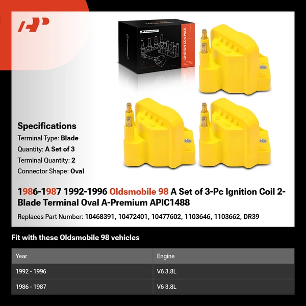 1986-1987 1992-1996 Oldsmobile 98 A Set of 3-Pc Ignition Coil 2-Blade Terminal Oval A-Premium APIC1488