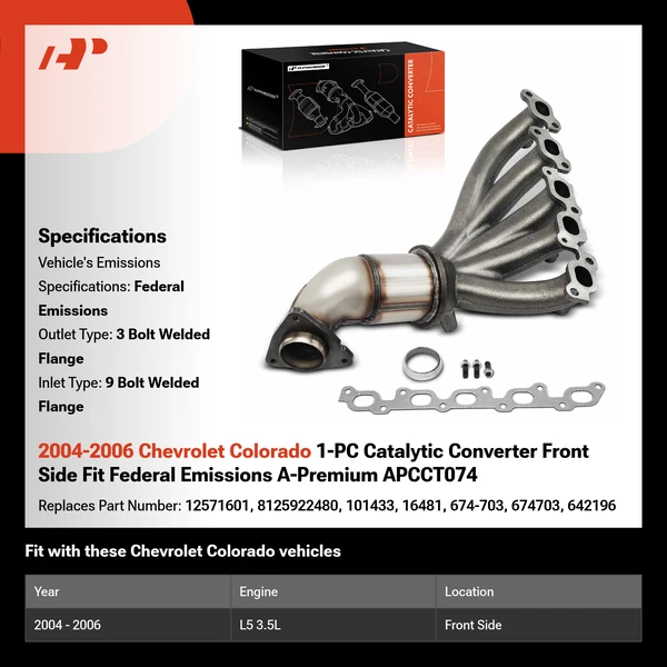 2004-2006 Chevrolet Colorado 1-PC Catalytic Converter Front Side Fit Federal Emissions A-Premium APCCT074