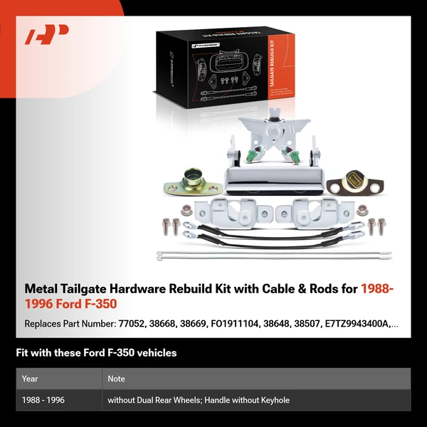 Metal Tailgate Hardware Rebuild Kit with Cable & Rods for 1988-1996 Ford F-350