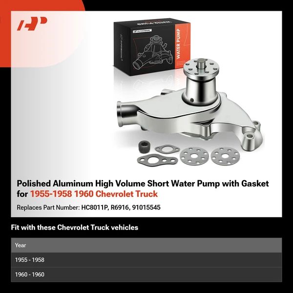 Polished Aluminum High Volume Short Water Pump with Gasket for 1955-1958 1960 Chevrolet Truck
