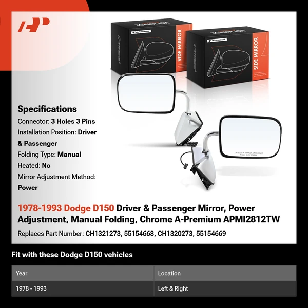 1978-1993 Dodge D150 Driver & Passenger Mirror, Power Adjustment, Manual Folding, Chrome A-Premium APMI2812TW