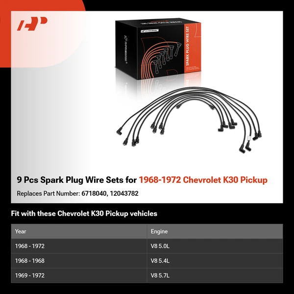 9 Pcs Spark Plug Wire Sets for 1968-1972 Chevrolet K30 Pickup