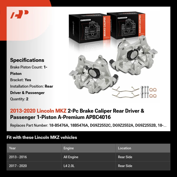 2013-2020 Lincoln MKZ 2-Pc Brake Caliper Rear Driver & Passenger 1-Piston A-Premium APBC4016