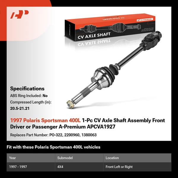 1997 Polaris Sportsman 400L 1-Pc CV Axle Shaft Assembly Front Driver or Passenger A-Premium APCVA1927