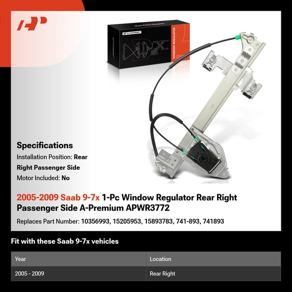 2005-2009 Saab 9-7x 1-Pc Window Regulator Rear Right Passenger Side A-Premium APWR3772