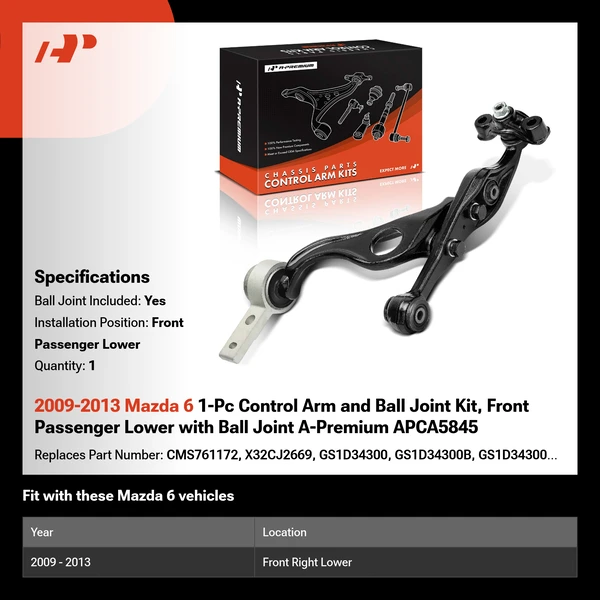 2009-2013 Mazda 6 1-Pc Control Arm and Ball Joint Kit, Front Passenger Lower with Ball Joint A-Premium APCA5845