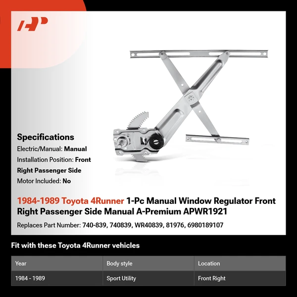 1984-1989 Toyota 4Runner 1-Pc Manual Window Regulator Front Right Passenger Side Manual A-Premium APWR1921