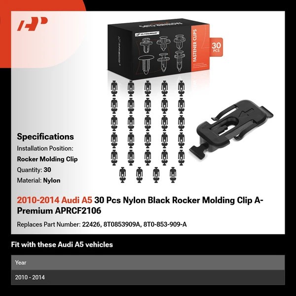 2010-2014 Audi A5 30 Pcs Nylon Black Rocker Molding Clip A-Premium APRCF2106