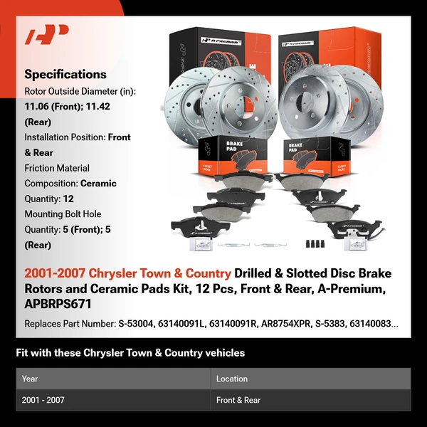 2001-2007 Chrysler Town & Country Drilled & Slotted Disc Brake Rotors and Ceramic Pads Kit, 12 Pcs, Front & Rear, A-Premium, APBRPS671