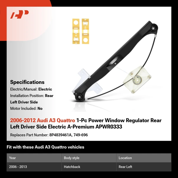 2006-2012 Audi A3 Quattro 1-Pc Power Window Regulator Rear Left Driver Side Electric A-Premium APWR0333