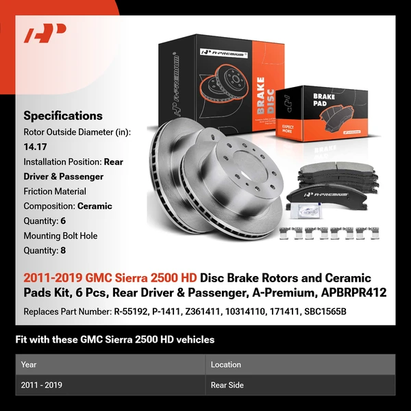 2011-2019 GMC Sierra 2500 HD Disc Brake Rotors and Ceramic Pads Kit, 6 Pcs, Rear Driver & Passenger, A-Premium, APBRPR412