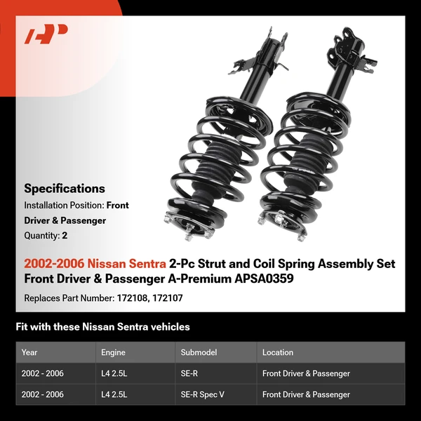 2002-2006 Nissan Sentra 2-Pc Strut and Coil Spring Assembly Set Front Driver & Passenger A-Premium APSA0359