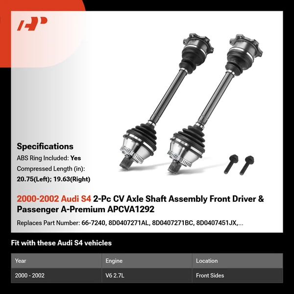 2000-2002 Audi S4 2-Pc CV Axle Shaft Assembly Front Driver & Passenger A-Premium APCVA1292